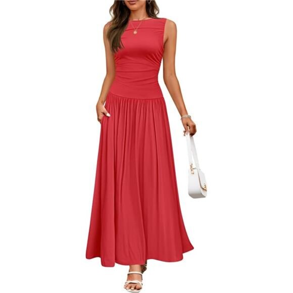 Dresses & Skirts - Women's Summer Sleeveless Maxi Dress 2025 Casual Crewneck Pleated Flowy